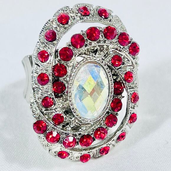 Extra Large Red Ruby Swirl Ring Crystal Diamond Stretchable Faux Jewelry 3.8cm - Picture 6 of 8